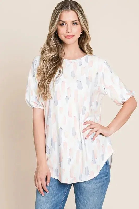 BOMBOM Round Neck Puff Short Sleeve Blouse for Women - Love Salve